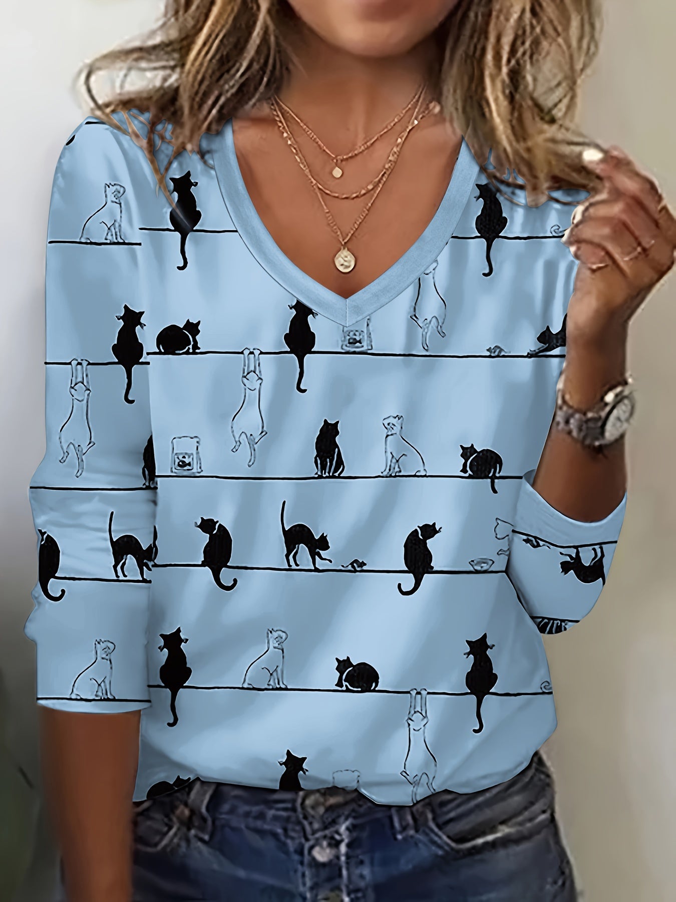 Cute Cat Print V Neck T-shirt, Casual Long Sleeve Top For Spring & Fall, Women's Clothing