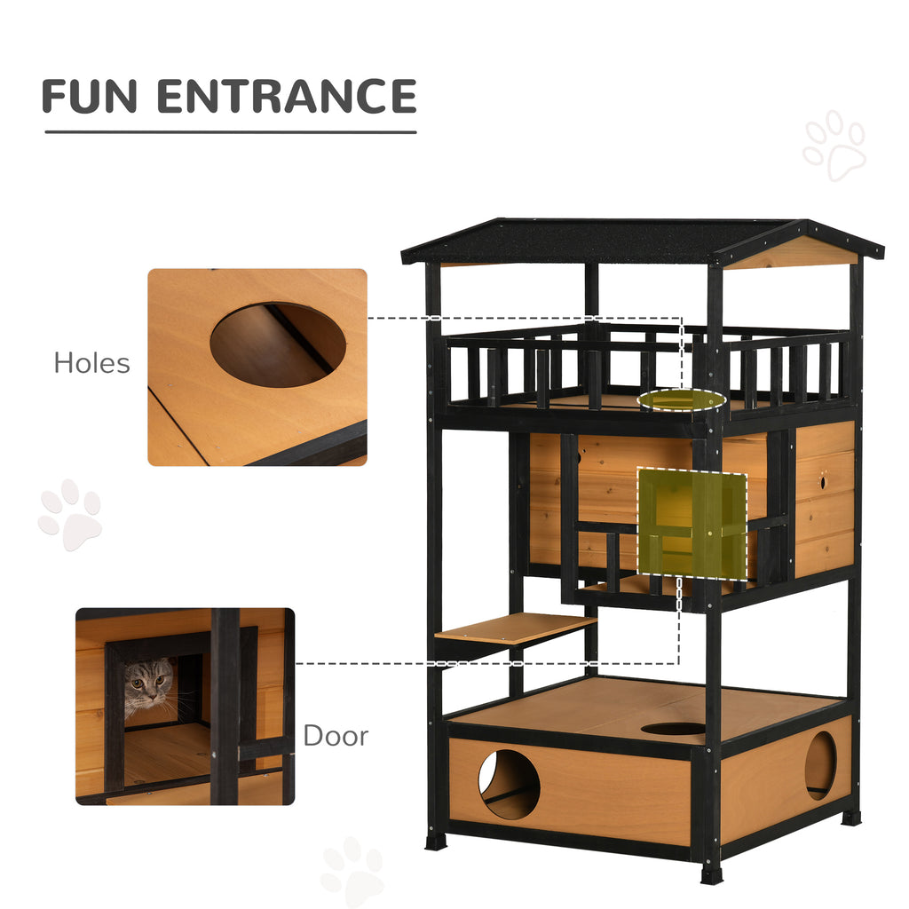 Wooden Outdoor Cat House 3-Tier for Winter Kitten Shelter Lodge w/ Tilted Roof Terrace Jump Step Bottom Tray Elevated Base Waterproof Paint