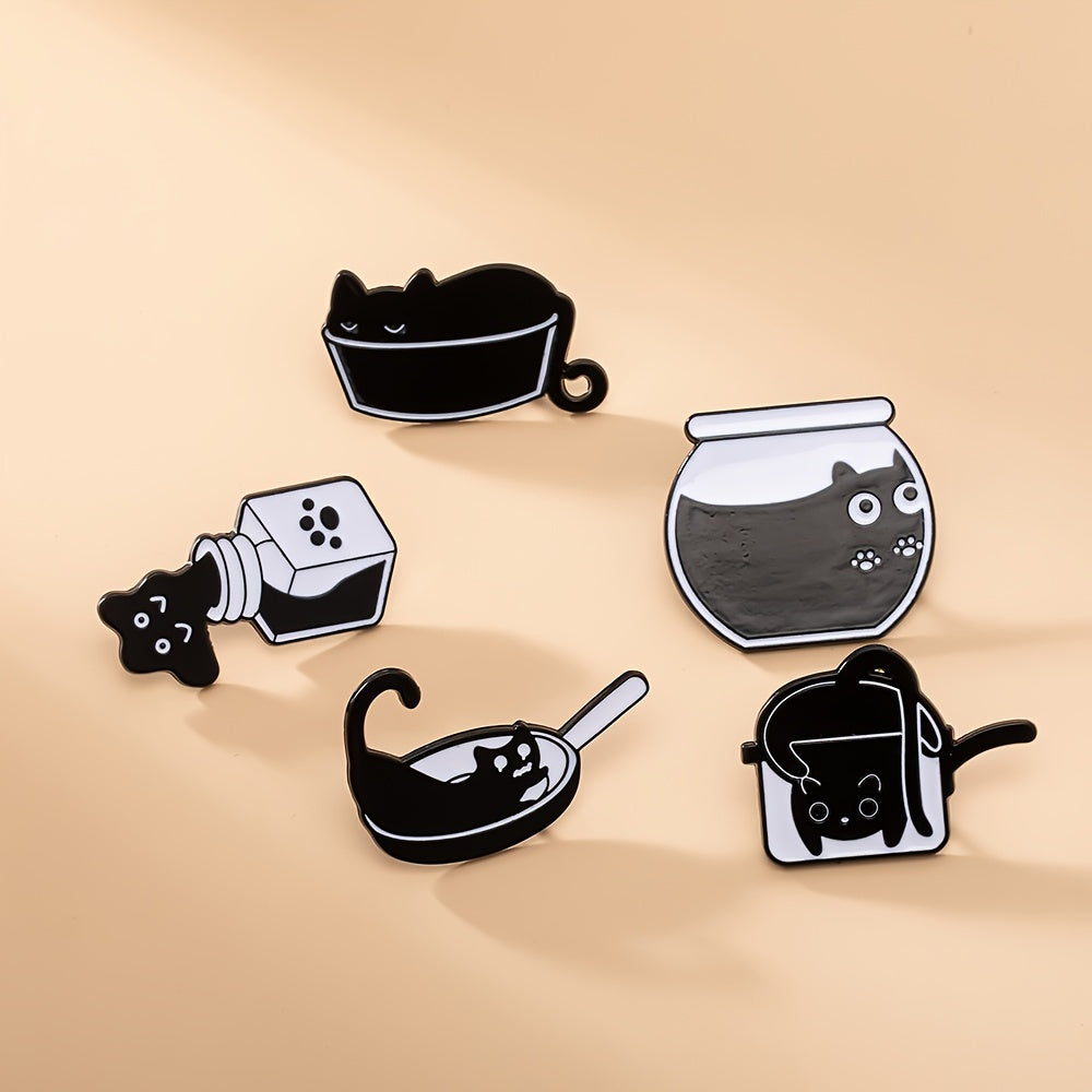 7pcs Black Cat Paint Badge Brooch Set Cute Lovely Alloy Brooch Jewelry Animal Theme Accessories