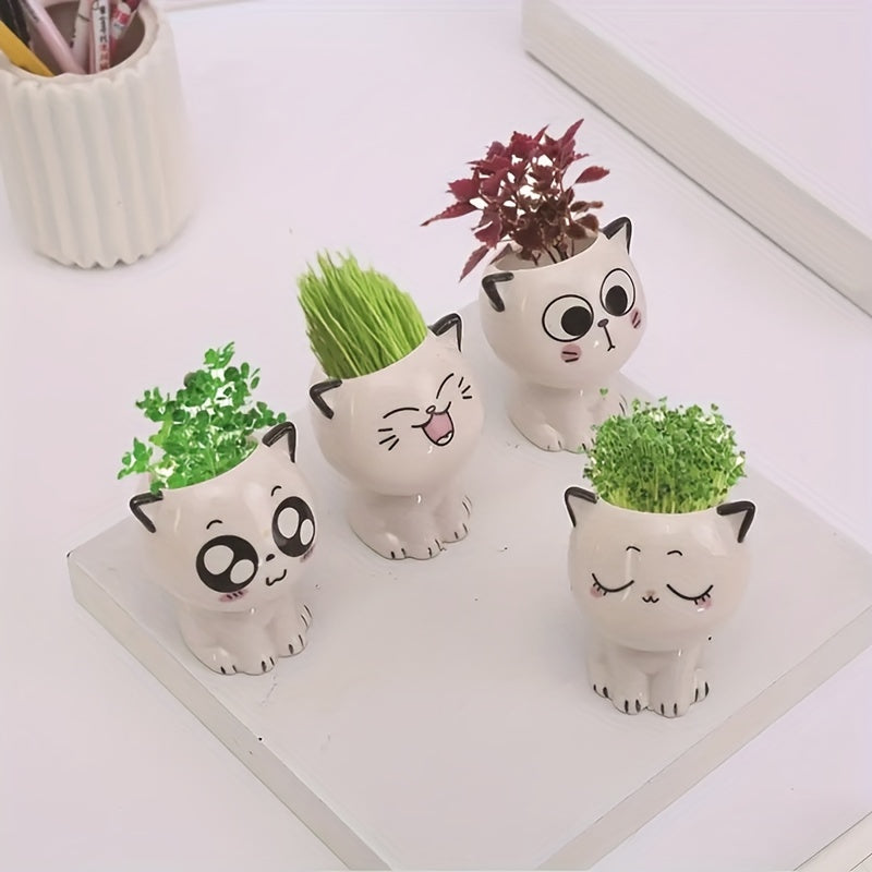 [1pc Cute Cat Flower Pot] 1pc Ceramic Mini Cat Cartoon Cute Flower Pot | Desktop Potted Plant DIY Desk Decoration | Youngsters's School Gift