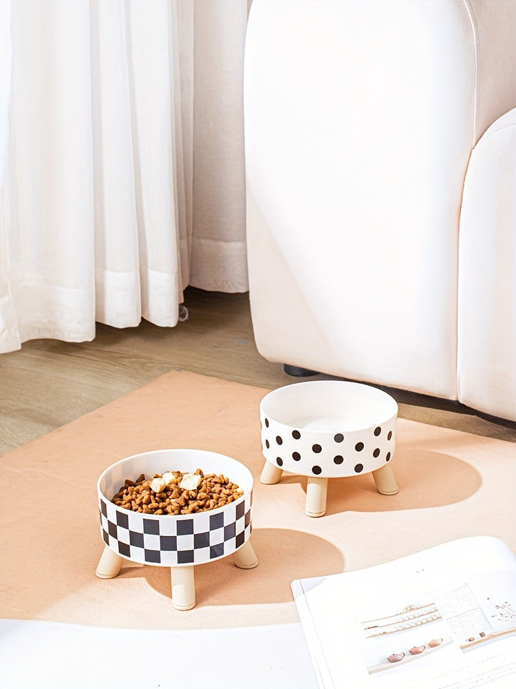 Elevated Whisker Delight Cat Bowl - Vibrant Graphic Pattern, Sturdy Wooden Stand, Easy-to-Clean, Raised Design - Perfect for Indoor Feline Friends, Spacious Feeder Bowl, Convenient Water Basin