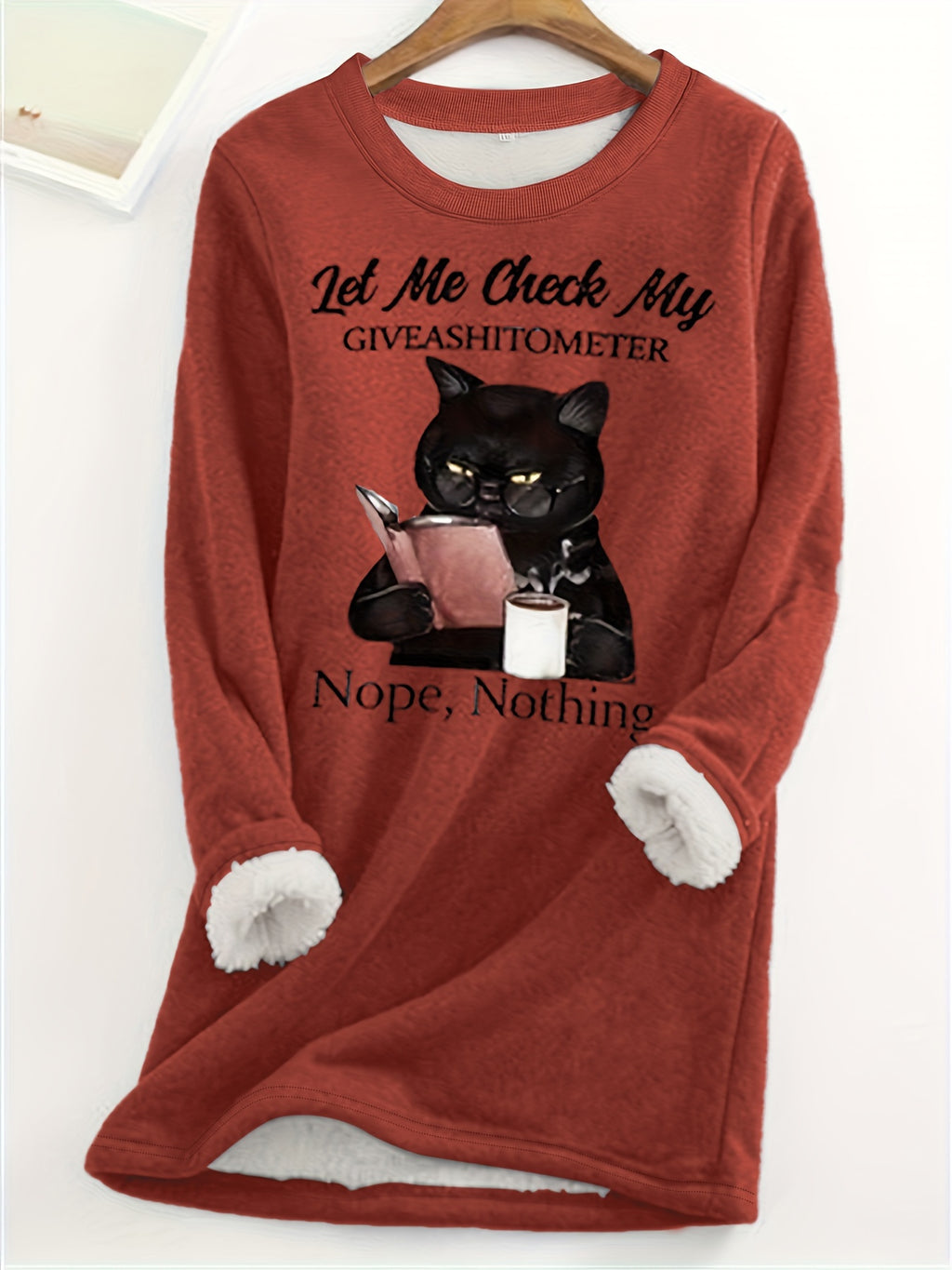 Cozy Plus Size Cat Print Top - Flattering Plush Lined Crew Neck - Stylish Womens Long Sleeve Shirt for Casual Wear