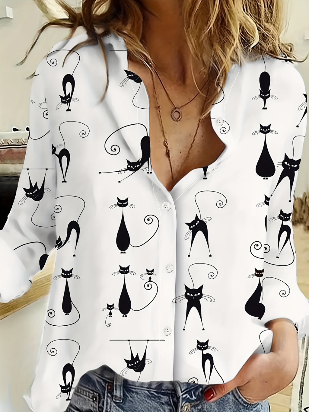 Cute Cat Print Button Front Shirt, Casual Lapel Long Sleeve Shirt, Women's Clothing