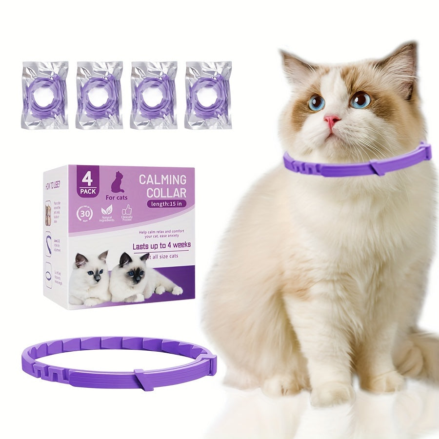 4pcs Calming Pheromone Cat Collars - Adjustable Breakaway Design, Relax for Cats & Kittens, Purple, 50g, Lasts Up to Weeks, Ideal for Small, Medium, Large Cats