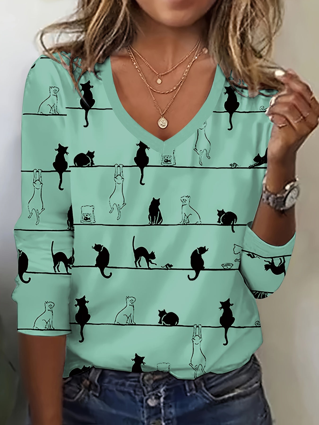 Cute Cat Print V Neck T-shirt, Casual Long Sleeve Top For Spring & Fall, Women's Clothing