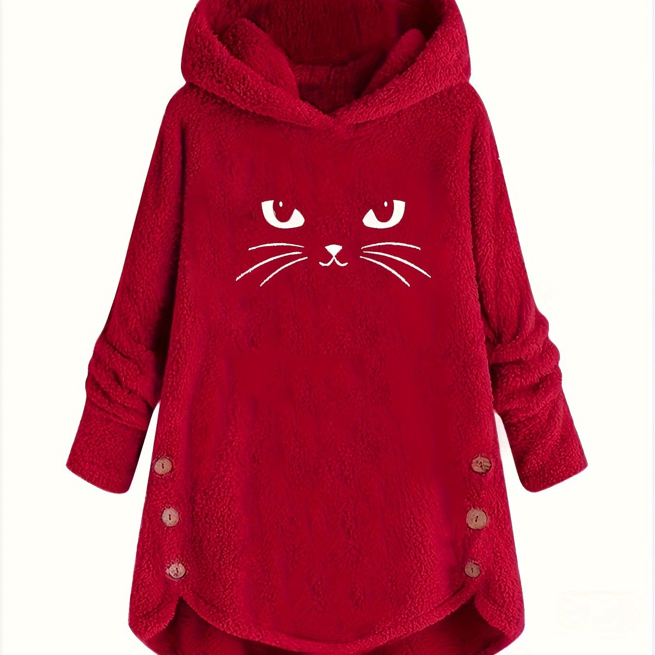 Cat Print Dipped Hem Plush Hoodie, Casual Long Sleeve Button Hoodie Sweatshirt, Women's Clothing