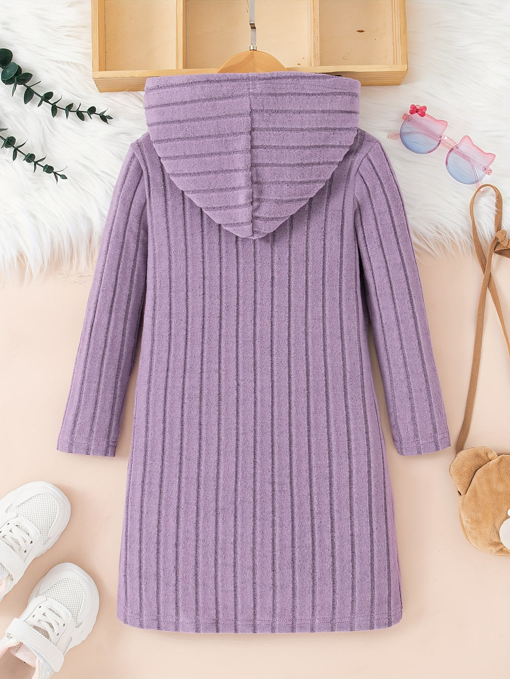 Girls Cat Pattern Knitted Long Sleeve Hooded Dress For Spring Fall Outdoor Activities