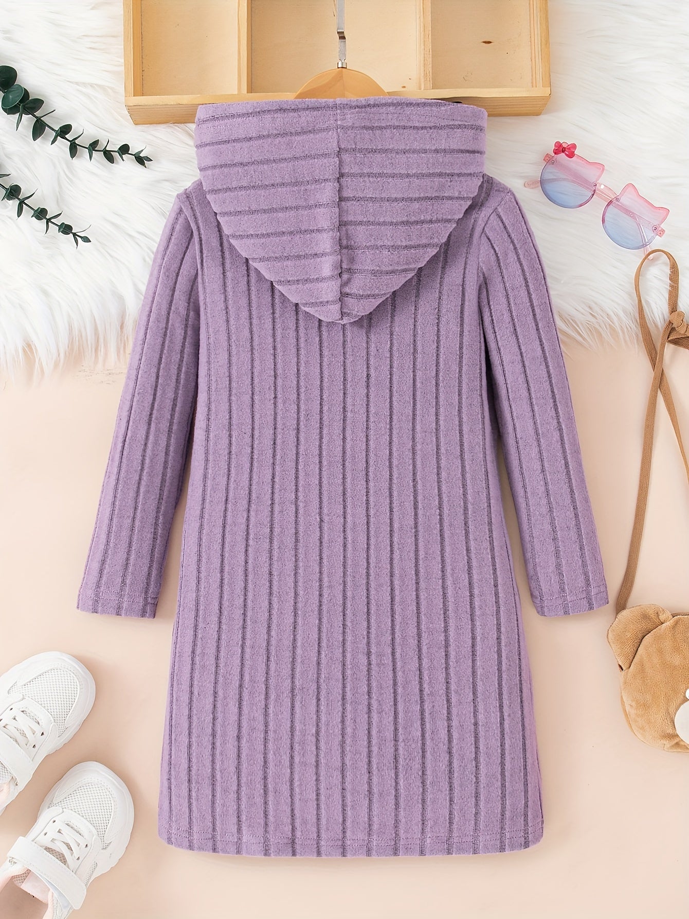 Girls Cat Pattern Knitted Long Sleeve Hooded Dress For Spring Fall Outdoor Activities