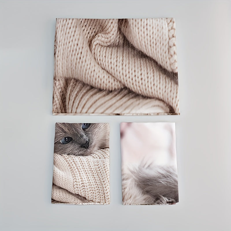 3-Piece Cat Print Bedding Set - 1 Duvet Cover & 2 Pillowcases, Breathable Polyester, Machine Washable, All-Season Comfort