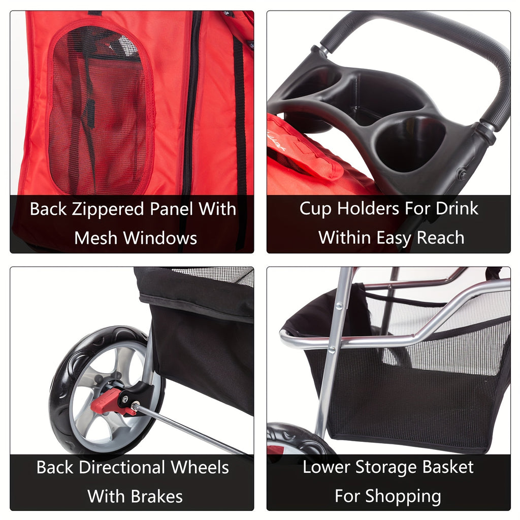 Foldable Pet Stroller SP02, Dual-Hand Collapsible, Oxford Fabric Material, Breathable Mesh Window, Lightweight With Storage Basket, For Dogs And Cats, Red/Pink Options