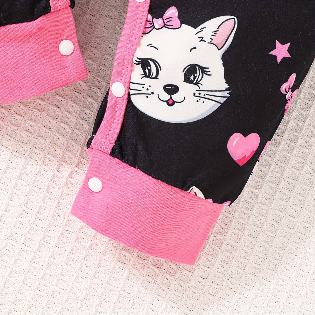 Newborn Baby Girls Cute Cartoon Cat Print Short-sleeved Comfortable Jumpsuit With Bow Headband Baby Summer Clothing