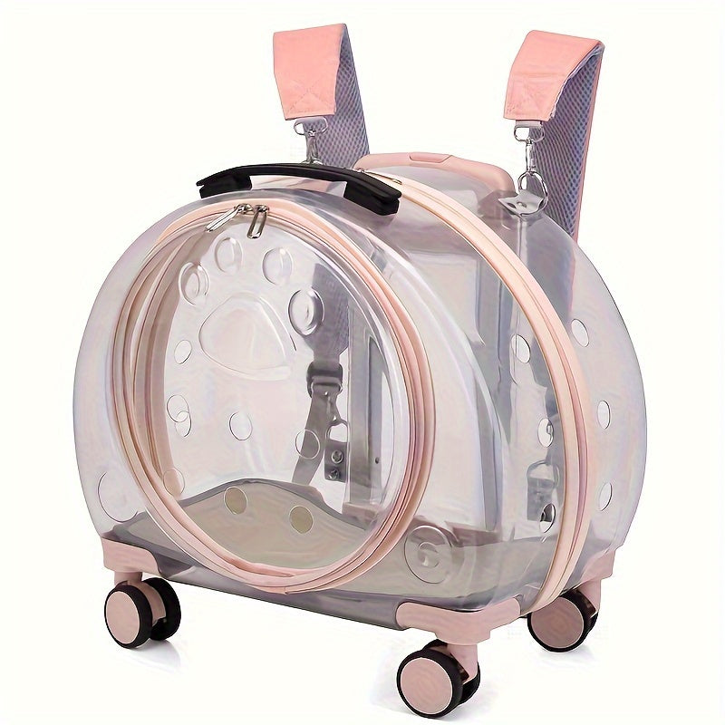 Large Capacity Transparent Pet Carrier with Wheels - Astronaut Capsule Backpack for Dogs & Cats, Portable Pull Rod Design