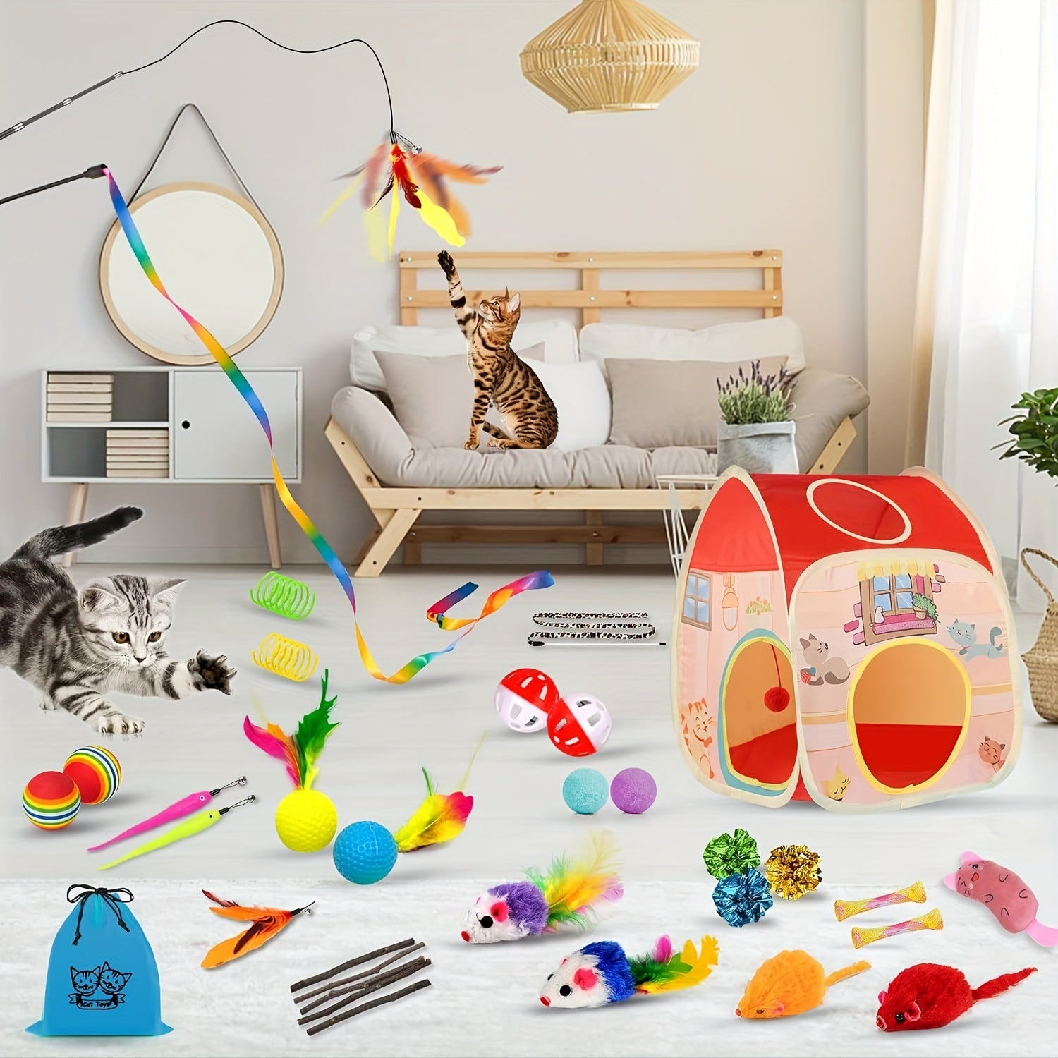 Interactive 34-Piece Cat Toy Set with Collapsible Tunnels & Teasers - Engaging Play, Animal Print Design