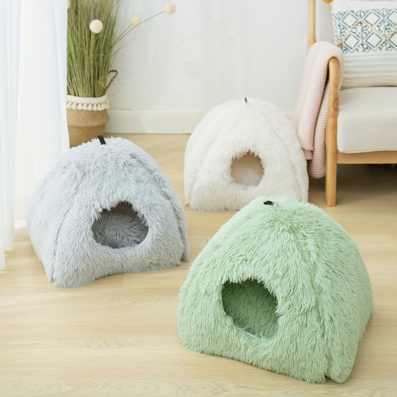 Long Plush Cozy Cat Cave Bed - Soft Polyester Pet House with Non-Slip Bottom, Removable Washable Pads & Arched Entrance Tunnel for Warmth & Comfort, Cute Hideout for Kittens & Cats, Pet Relaxation Space | Cute Cat Cave | Fluf