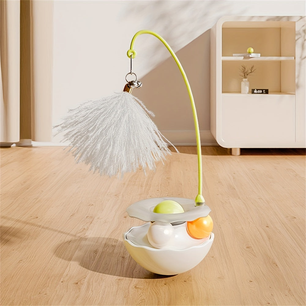 Fun Feline Playmate - Rotating Track Ball, Spring-Loaded Feather Teaser, Durable Plastic Construction, Non-Battery Operated, Self-Play Entertainment for Cats and Kittens, Promotes Exercise and Mental Stimulation