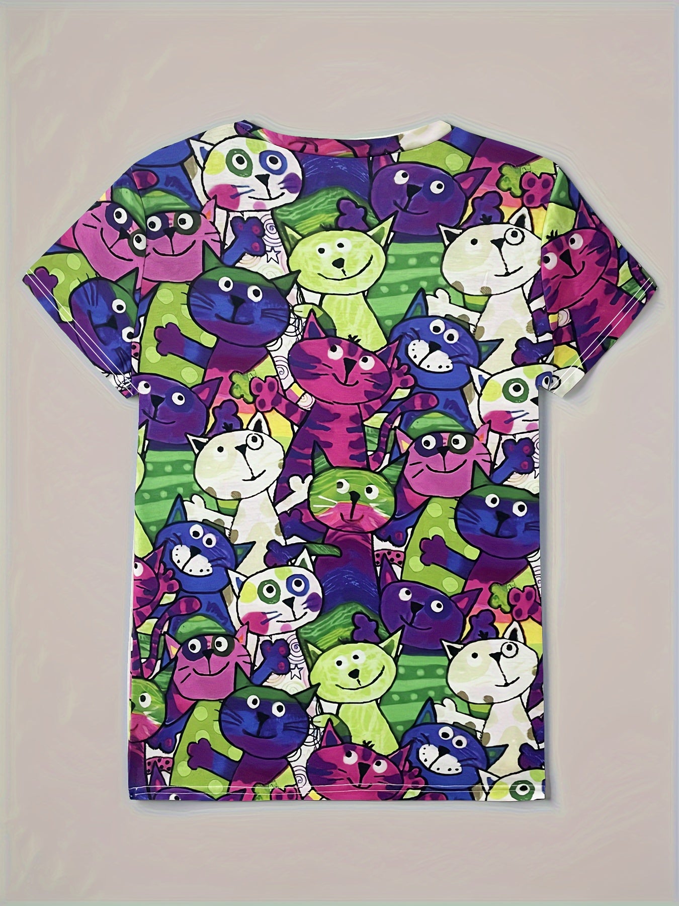 Cartoon Cat Print T-shirt, Short Sleeve Casual Tee For Summer & Spring, Women's Clothing