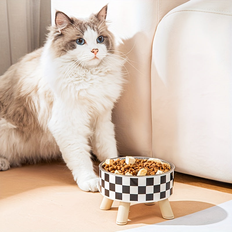 Elevated Whisker Delight Cat Bowl - Vibrant Graphic Pattern, Sturdy Wooden Stand, Easy-to-Clean, Raised Design - Perfect for Indoor Feline Friends, Spacious Feeder Bowl, Convenient Water Basin