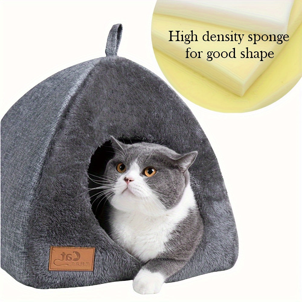 Foldable Plush Cat Cave - Classic Semi-Enclosed Nest with Soft Cushion Pad for Warmth, Comfort, and Privacy