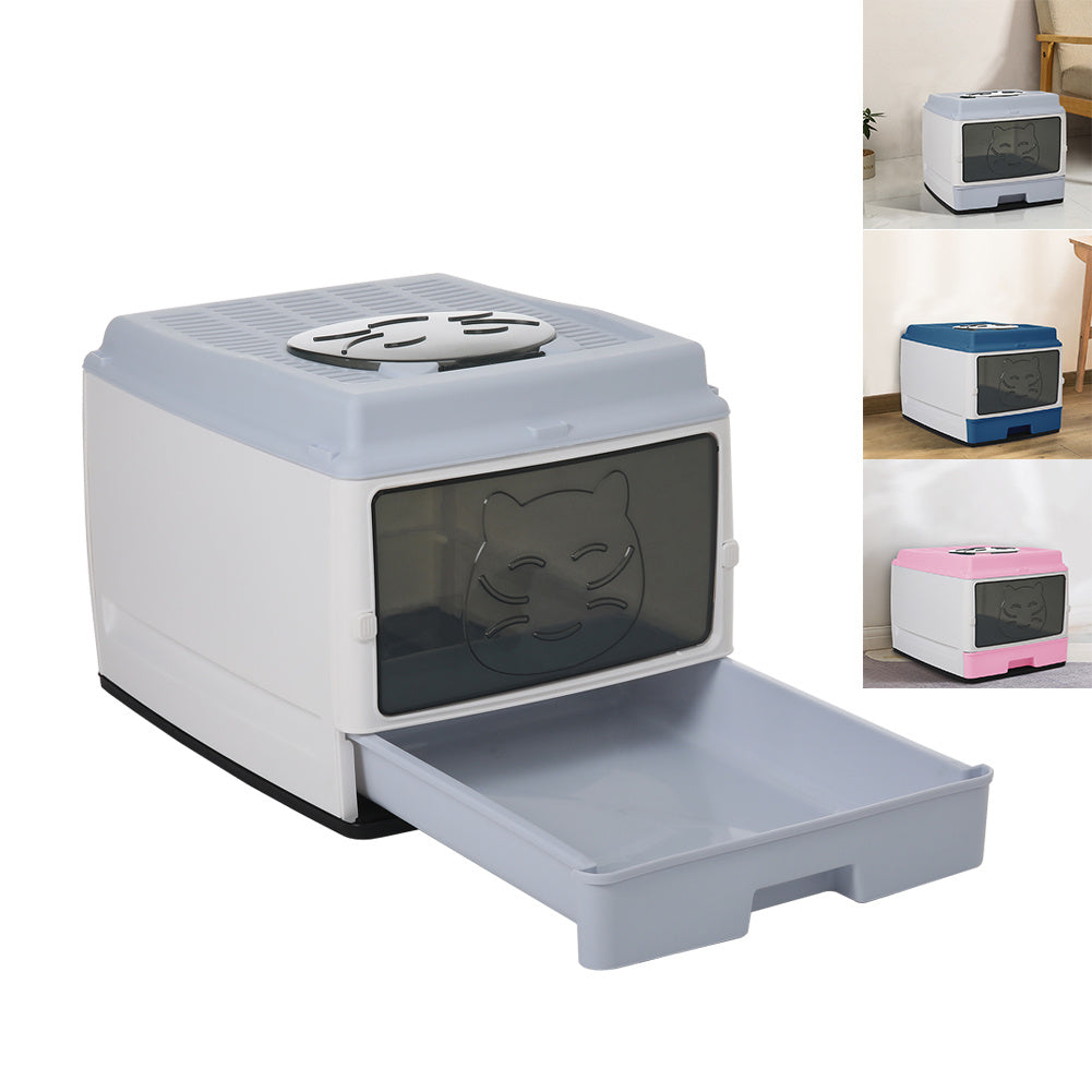 Kitten Litter Tray with Cat Hair Brush Storage Design, Cat Litter Box, Hooded Cat Litter Tray with Lid, Cat Litter Box with Drawer Pan and Scoop, L51×W39×H38cm, Grey