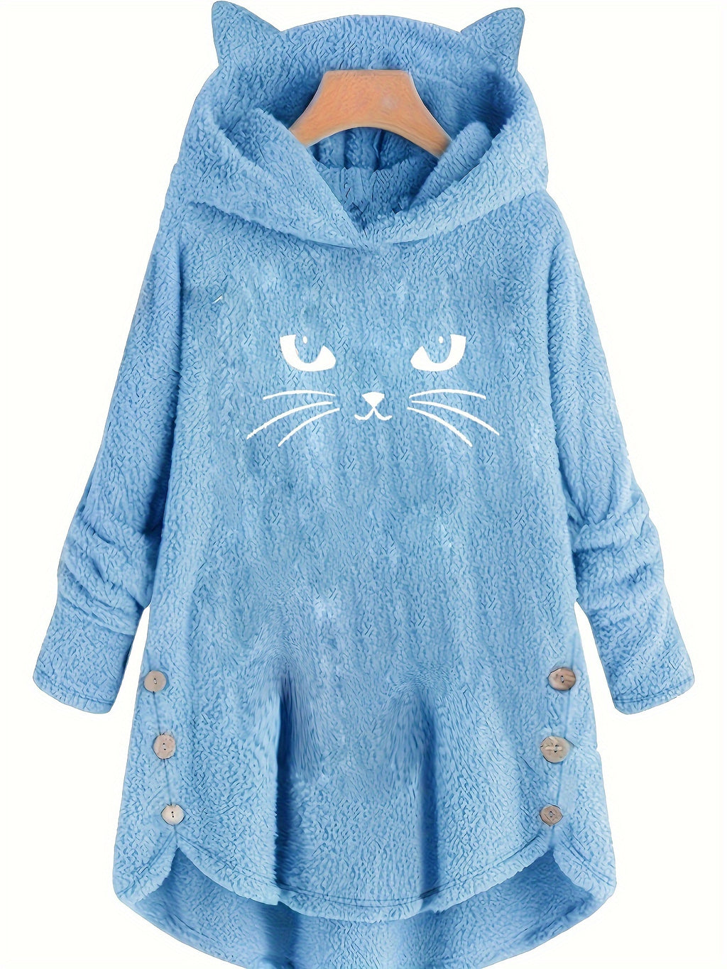 Cat Print Dipped Hem Plush Hoodie, Casual Long Sleeve Button Hoodie Sweatshirt, Women's Clothing