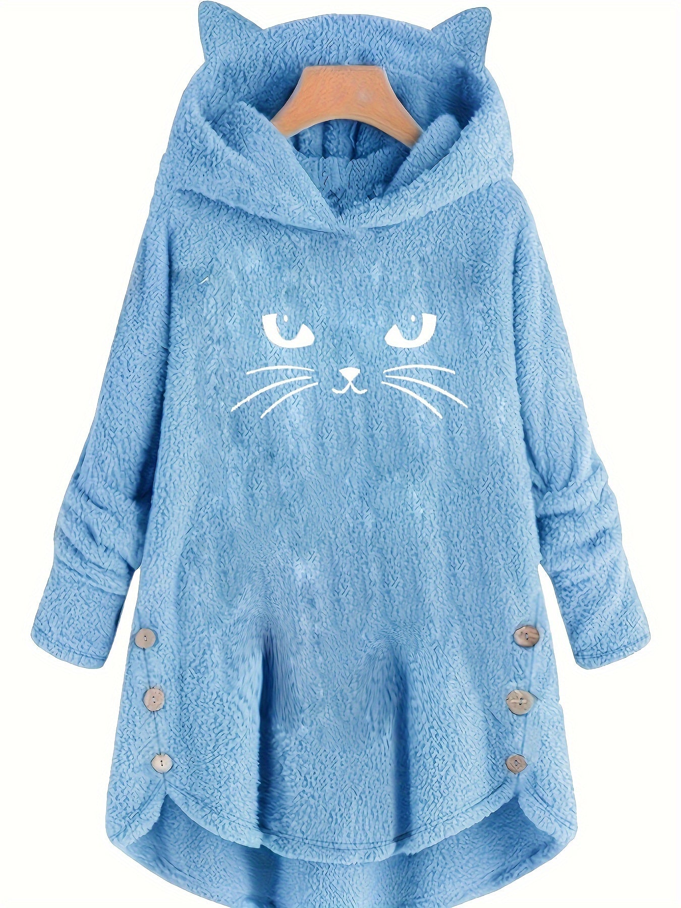 Cat Print Dipped Hem Plush Hoodie, Casual Long Sleeve Button Hoodie Sweatshirt, Women's Clothing