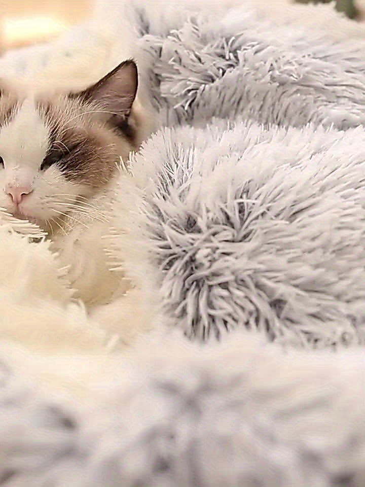 Luxurious Plush Hooded Donut Pet Bed for Cats & Small Dogs - Cozy, Warm, Non-Slip Bottom, Easy to Clean, Perfect for Winter Comfort