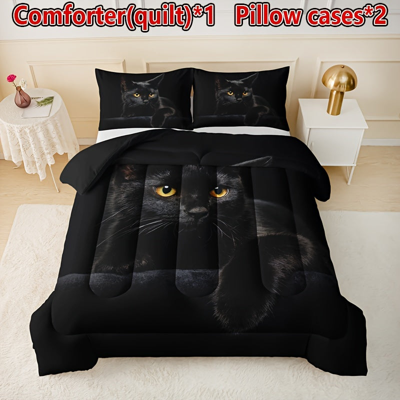 Charming Black Cat 3-Piece Bedding Set: Soft, All-Season Quilt with 2 Pillowcases - Breathable and Hand Washable
