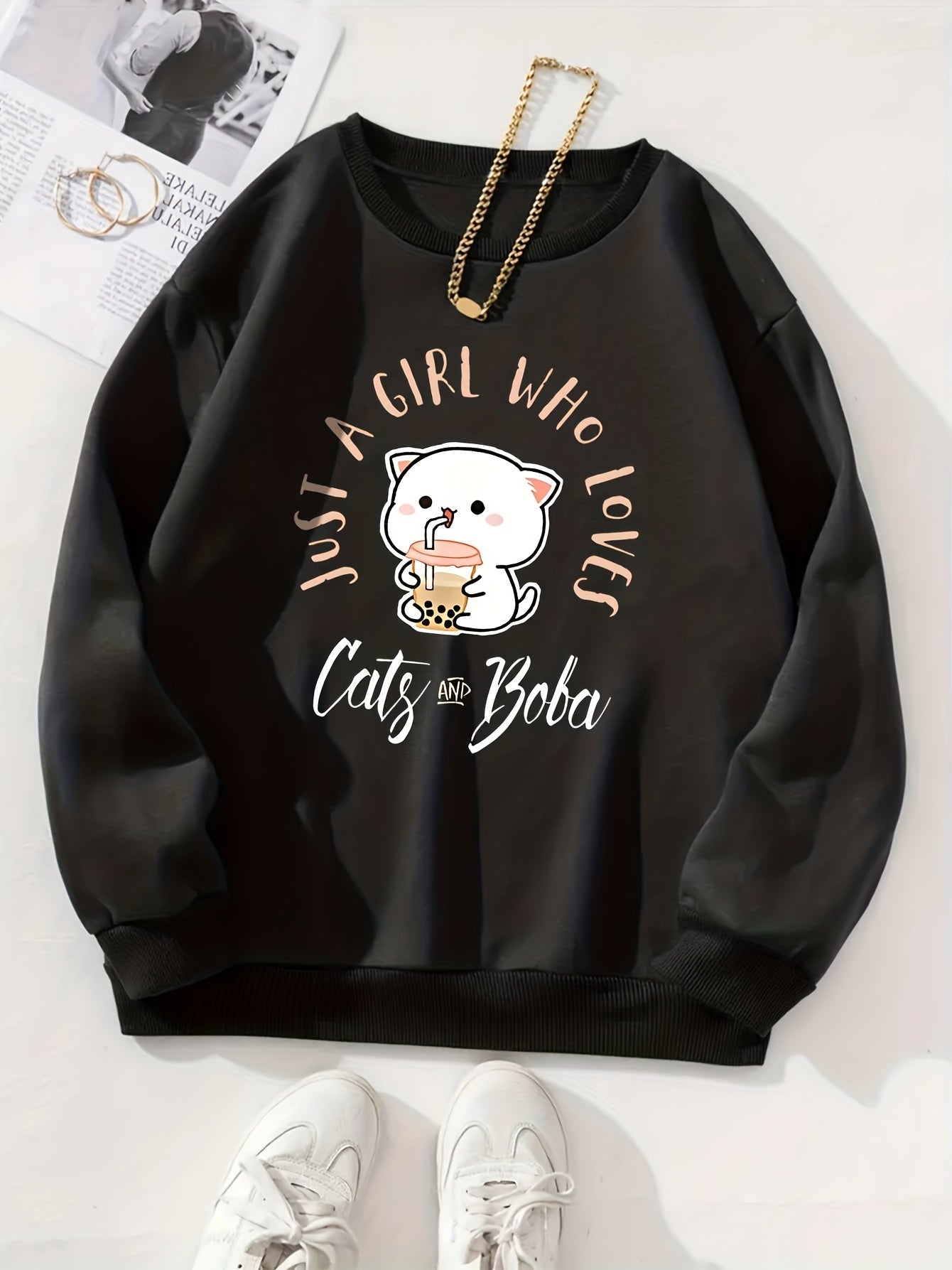 Cat Print Causal Round Neck Sports Sweatshirt, Fashion Long Sleeves Pullover Tops, Women's Activewear