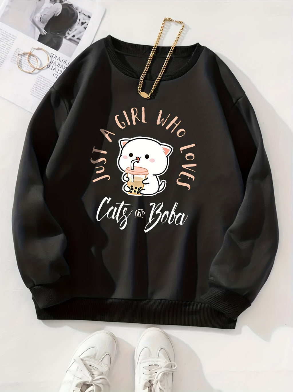 Cat Print Causal Round Neck Sports Sweatshirt, Fashion Long Sleeves Pullover Tops, Women's Activewear
