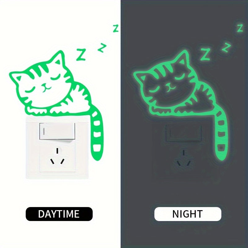 Removable Glow-in-the-Dark Cat Wall Stickers Compatible for Switches & Outlets - Cute Kitten Vinyl Decals with Night Glow, Peel & Stick for Switch Plates in Rooms,, Living Room Decor (No Residue)