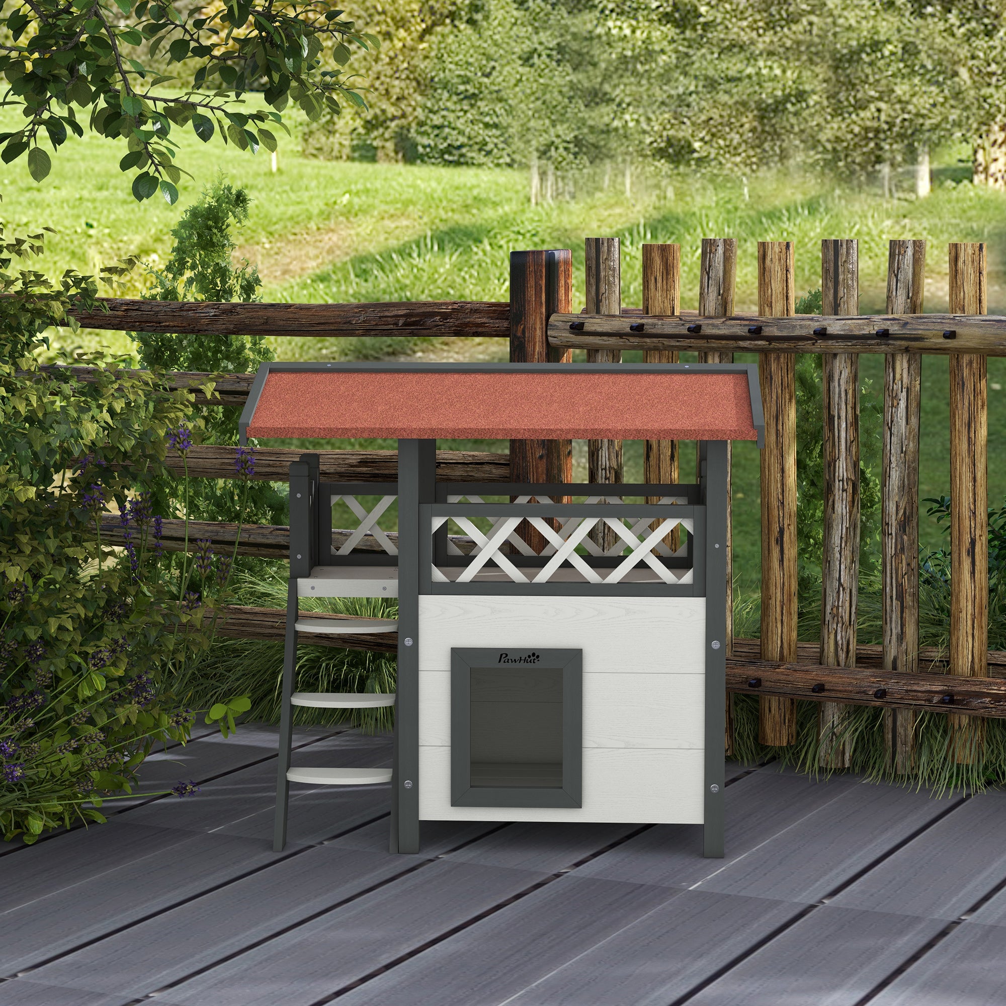 Outdoor Cat House Kitten Shelter Puppy Kennel with Balcony Stairs Asphalt Roof, 77 x 50 x 73 cm