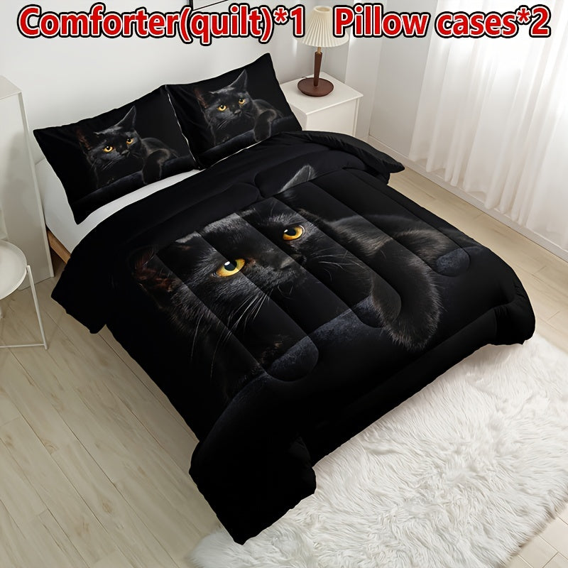 Charming Black Cat 3-Piece Bedding Set: Soft, All-Season Quilt with 2 Pillowcases - Breathable and Hand Washable