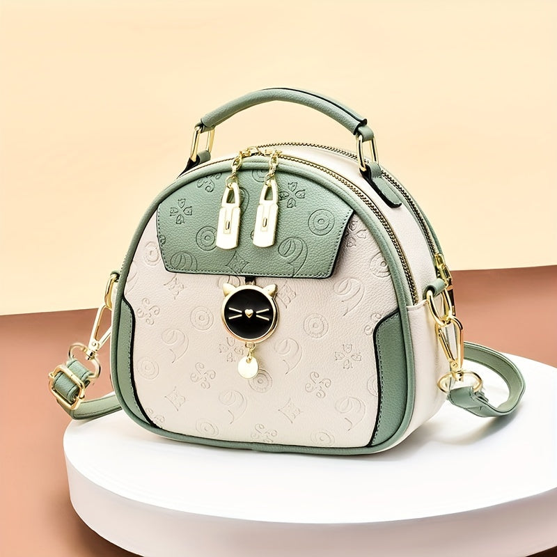 Small Geometric Embossed Crossbody Cat Dome Shoulder Purse - Color Contrast, Cute, Stylish, and Spacious Handbag for Women - Perfect for Daily Use, Travel, and Outdoor Activities