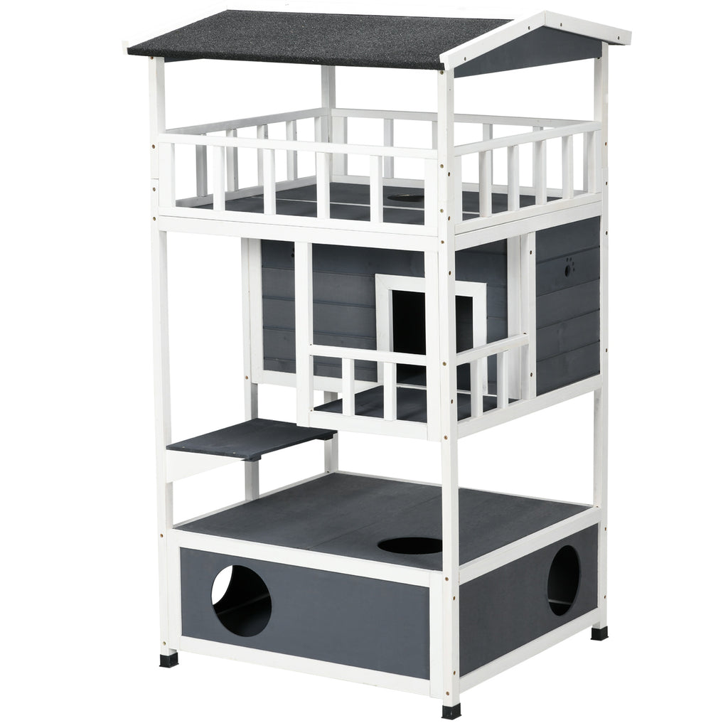 Wooden Outdoor Cat House 3-Tier for Winter Kitten Shelter Lodge w/ Tilted Roof Terrace Jump Step Bottom Tray Elevated Base Waterproof Paint