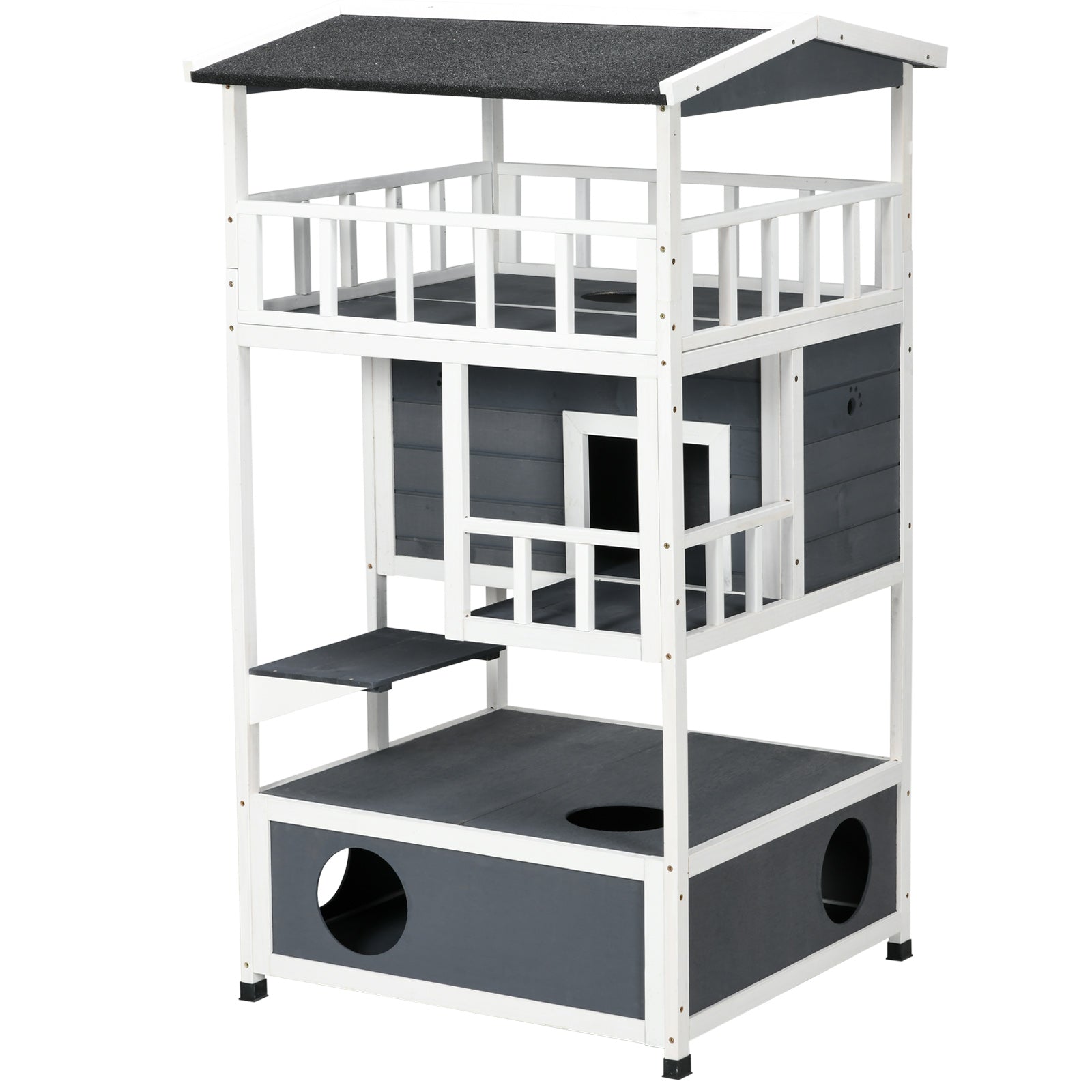 Wooden Outdoor Cat House 3-Tier for Winter Kitten Shelter Lodge w/ Tilted Roof Terrace Jump Step Bottom Tray Elevated Base Waterproof Paint