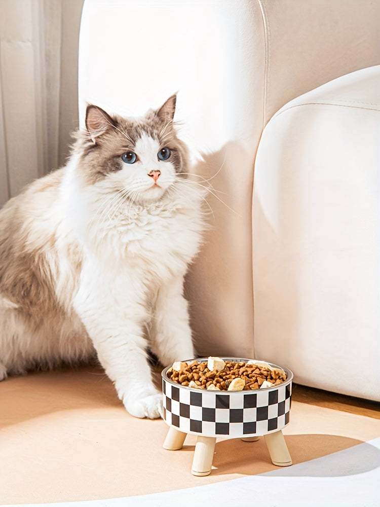 Elevated Whisker Delight Cat Bowl - Vibrant Graphic Pattern, Sturdy Wooden Stand, Easy-to-Clean, Raised Design - Perfect for Indoor Feline Friends, Spacious Feeder Bowl, Convenient Water Basin