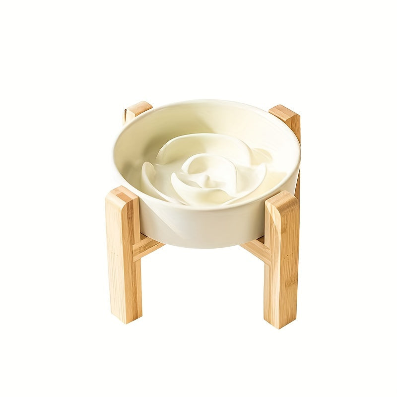 Elevated Cat Bowl, Ceramic Slow Feeder Cat Puzzle Food Bowl Water Bowl With Wooden Stand, Anti-choking Raised Dog Cat Basin To Slow Down Eating