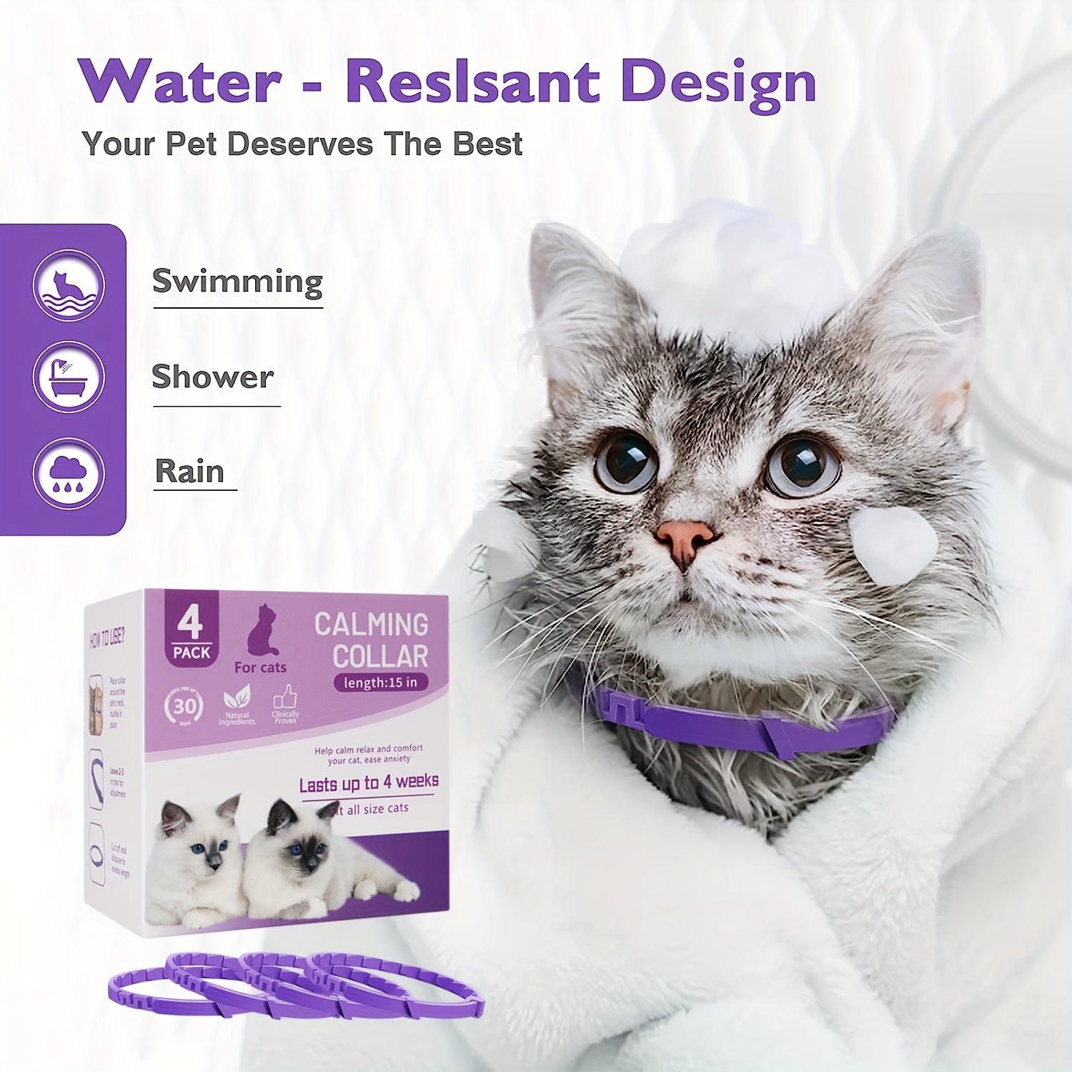 4pcs Calming Pheromone Cat Collars - Adjustable Breakaway Design, Relax for Cats & Kittens, Purple, 50g, Lasts Up to Weeks, Ideal for Small, Medium, Large Cats