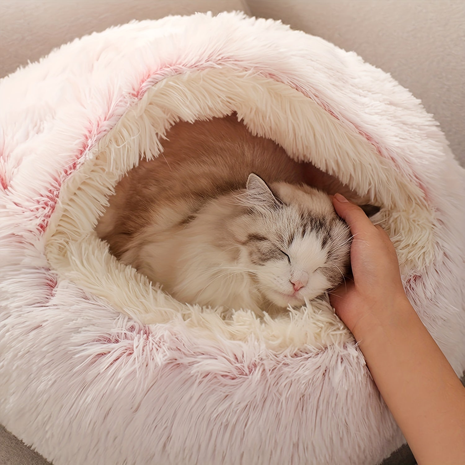 Luxurious Plush Hooded Donut Pet Bed for Cats & Small Dogs - Cozy, Warm, Non-Slip Bottom, Easy to Clean, Perfect for Winter Comfort