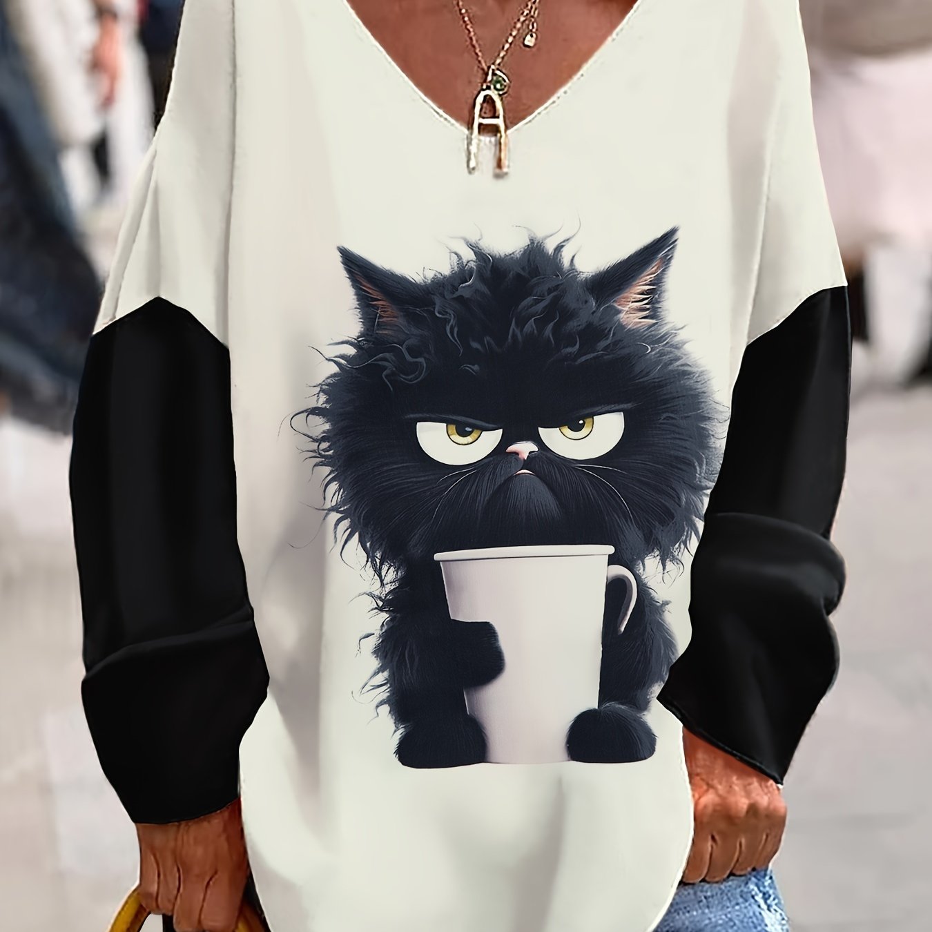 Plus Size Whimsical Cat Print T-Shirt - Relaxed Fit, Flattering V Neck, Long Sleeves - Designed for Curvy Women, Casual Plus Size Clothing for Everyday Wear