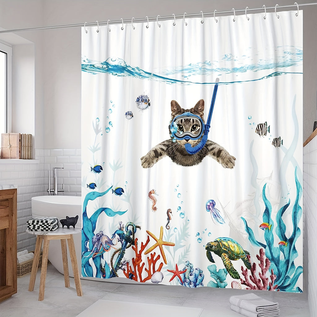1pc Funny Cat Shower Curtain - Teal Blue Sea Ocean Waterproof Fabric Shower Curtains, Animal Octopus Starfish Turtle Anchor Fish Nautical Bathroom Curtain - For Bathroom Decor - Suitable for All Bathroom Sizes - Perfect Gift