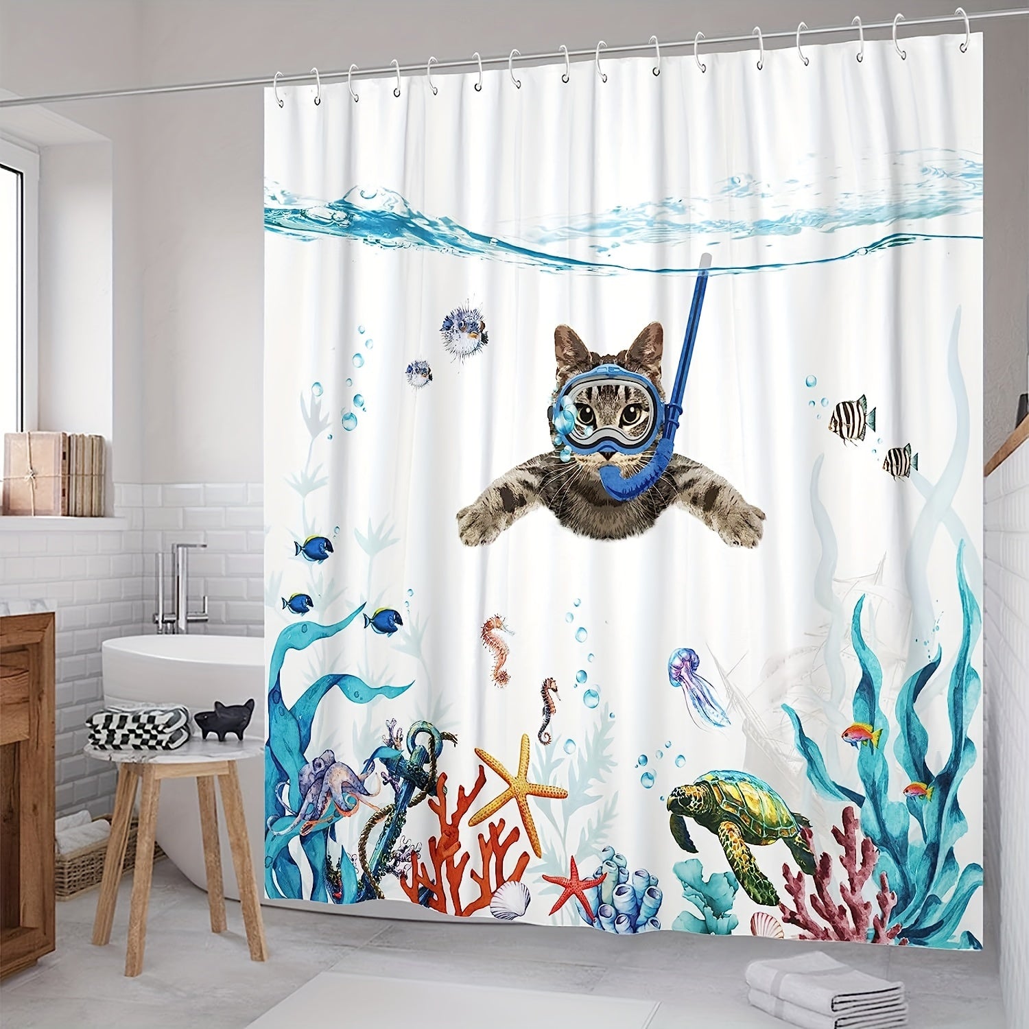 1pc Funny Cat Shower Curtain - Teal Blue Sea Ocean Waterproof Fabric Shower Curtains, Animal Octopus Starfish Turtle Anchor Fish Nautical Bathroom Curtain - For Bathroom Decor - Suitable for All Bathroom Sizes - Perfect Gift