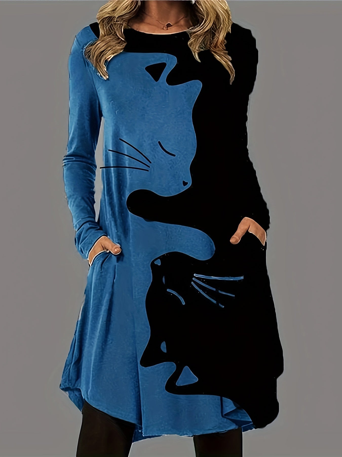 Long Sleeve Cat Print Casual Crew Neck Dress for Women, Spring & Fall Clothing