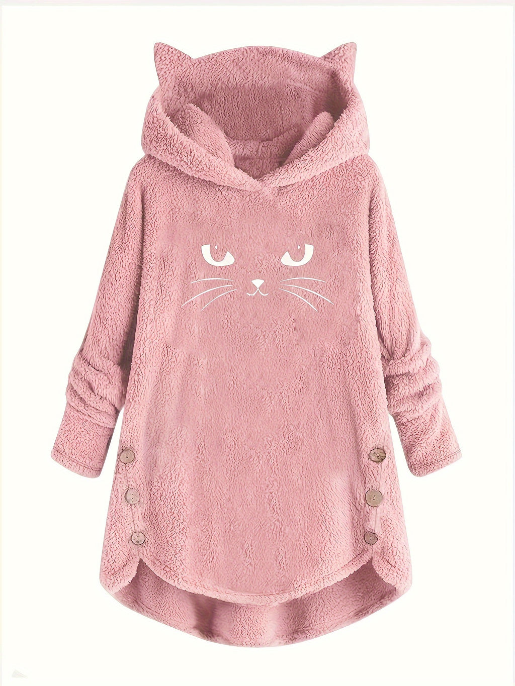 Cat Print Dipped Hem Plush Hoodie, Casual Long Sleeve Button Hoodie Sweatshirt, Women's Clothing