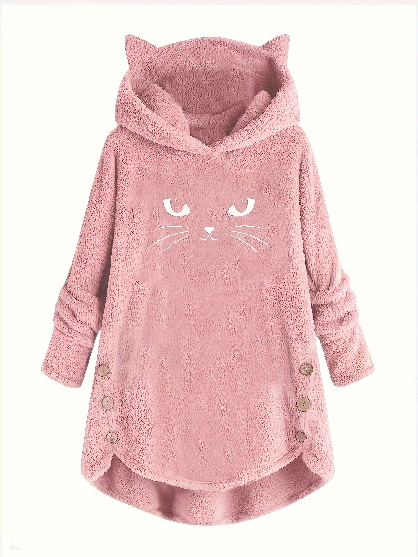 Cat Print Dipped Hem Plush Hoodie, Casual Long Sleeve Button Hoodie Sweatshirt, Women's Clothing