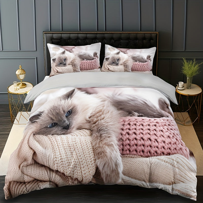3-Piece Cat Print Bedding Set - 1 Duvet Cover & 2 Pillowcases, Breathable Polyester, Machine Washable, All-Season Comfort