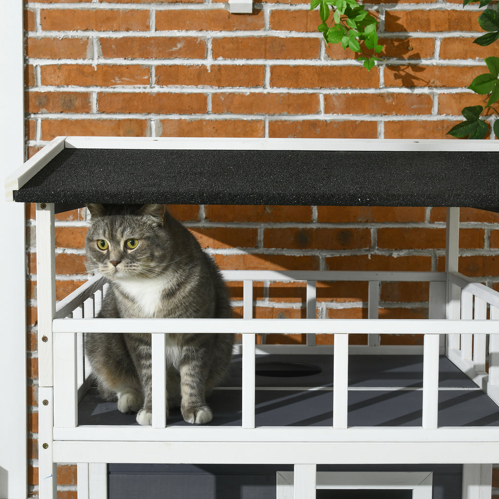 Wooden Outdoor Cat House 3-Tier for Winter Kitten Shelter Lodge w/ Tilted Roof Terrace Jump Step Bottom Tray Elevated Base Waterproof Paint