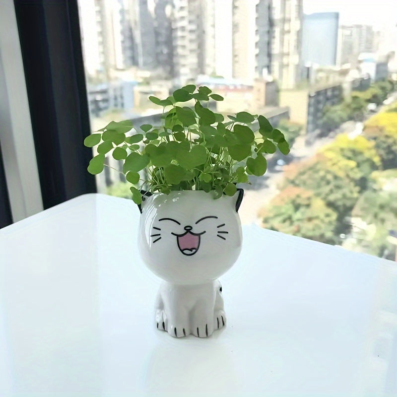 [1pc Cute Cat Flower Pot] 1pc Ceramic Mini Cat Cartoon Cute Flower Pot | Desktop Potted Plant DIY Desk Decoration | Youngsters's School Gift