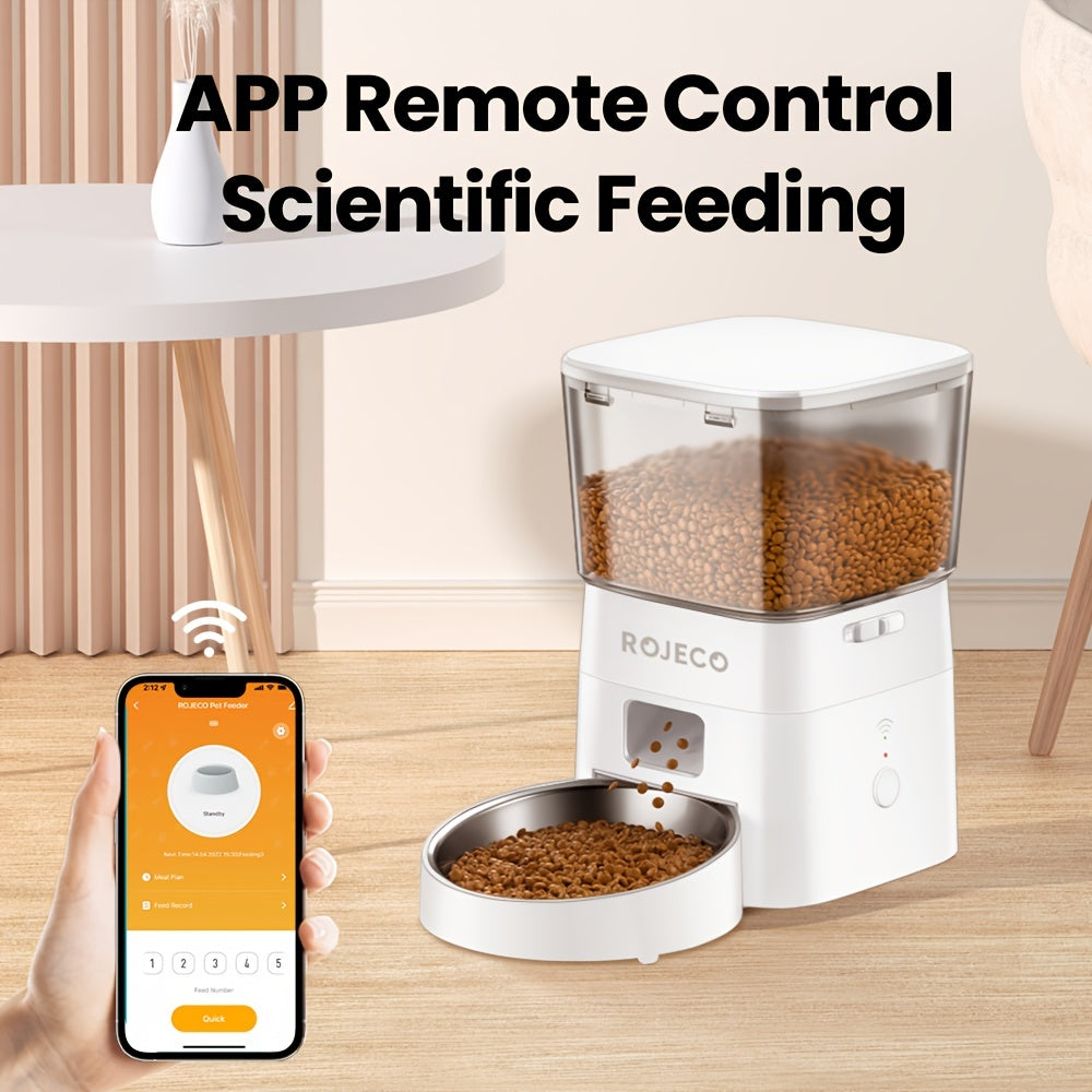 ROJECO Automatic Cat Feeder, 2L/68oz WiFi Automatic Cat Food Dispenser With App Control, Timed Cat Feeder With Stainless Steel Bowl & Dual Power Supply, 1-6 Meals, No Adapter Included
