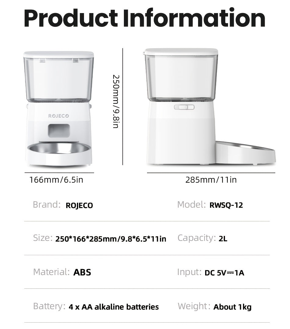 ROJECO Automatic Cat Feeder, 2L/68oz WiFi Automatic Cat Food Dispenser With App Control, Timed Cat Feeder With Stainless Steel Bowl & Dual Power Supply, 1-6 Meals, No Adapter Included